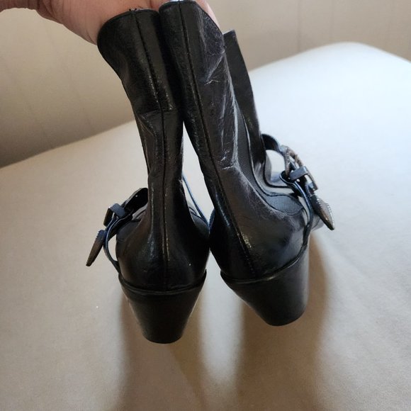 ZARA Black Leather Ankle Western Buckle Stacked Heel Boots - Picture 4 of 6